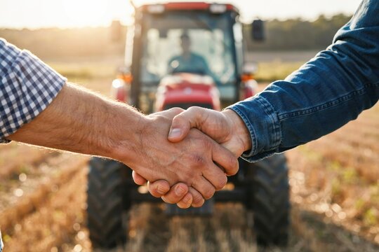 Farmers shaking hands in front of a tractor in a field