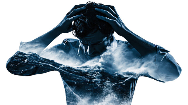 Man with head in hands and blue water waves flowing through chest isolated on transparent background PNG element