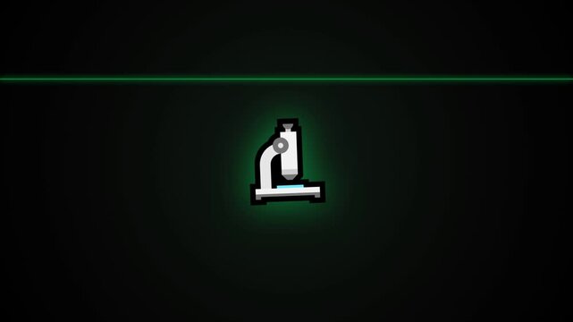 Pixel art microscope icon glowing on dark background