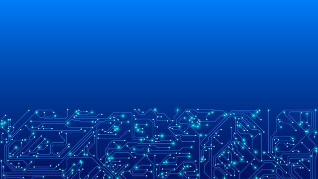Circuit board digital technology motherboard banner. Cyber security futuristic microchip hardware, data transfer internet connection, artificial intelligence electronic microchip banner background