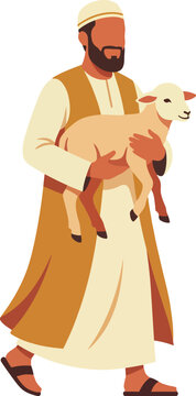 Flat Bearded Muslim Man Carrying Sacrificial Lamb for Eid al-Adha Vector Illustration
