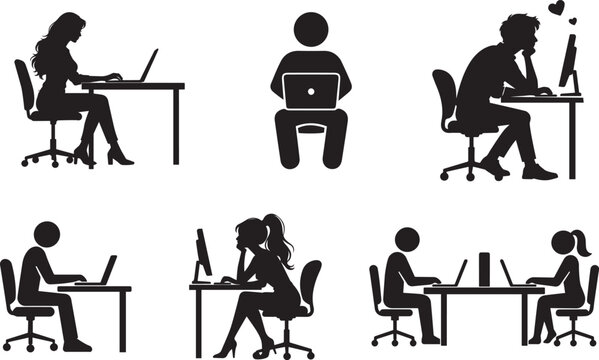 Silhouettes of people working on laptops and computers at desks in various poses