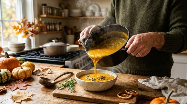 Person pouring hot pumpkin soup into a bowl in a cozy kitchen setting.