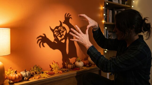 Person making a spooky Halloween shadow puppet monster on wall.
