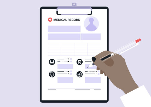 A hand, adorned with a black pen, carefully fills out a detailed medical chart, This moment captures the essence of organized healthcare as vital information is documented for patient care.