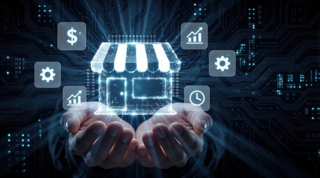 Human hands hold glowing digital storefront icon above dark circuit board. Blue light tech background shows business symbols like dollar sign, gear, clock, growth chart. Concept for e-commerce,