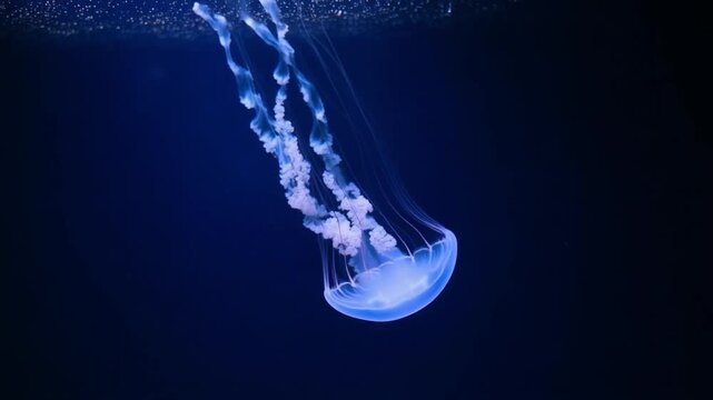 Jellyfish swimming in dark blue ocean water, bioluminescent glow, underwater marine life