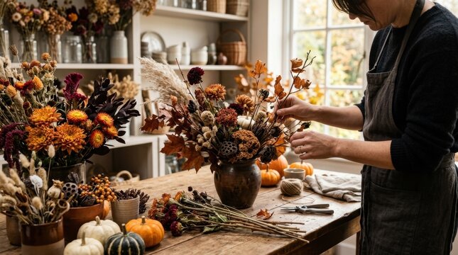 Florist arranging autumn flowers and pumpkins in a workshop.