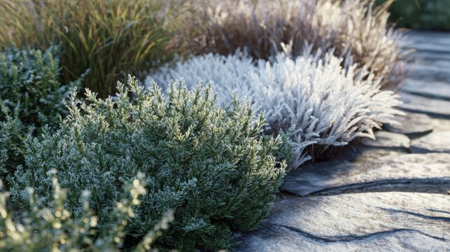 close up of an evergreen winter garden border beside a rustic stone pathway, frosted rosemary, boxwood and ornamental grasses covered with delicate