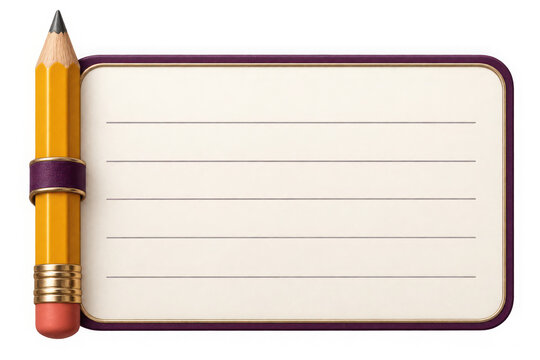 Elegant plum bordered note card with yellow pencil isolated on a transparent background