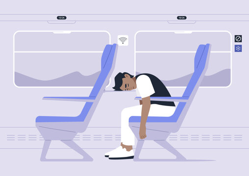 With head resting gently against the front seat, an exhausted traveler dozes off on a train, enjoying a moment of tranquility amidst the rhythmic rock of the journey while the sun brightens the day.