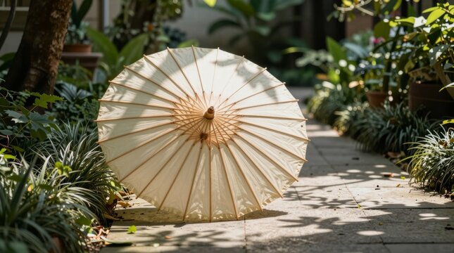 A beautiful white parasol rests on a sunlit garden pathway, surrounded by lush greenery, inviting tranquility and relaxation. Perfect for outdoor aesthetics.