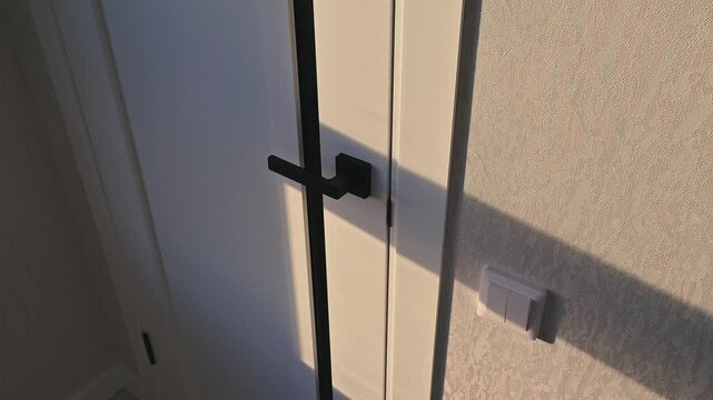 White interior door with minimalist black handle, vertical paneling, light beige textured wall, modern wall switch, soft directional shadows