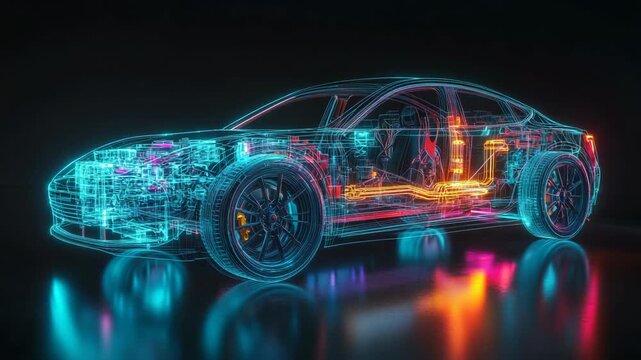 Futuristic transparent electric vehicle neon wireframe structure and glowing wheels on reflective floor showing smart mobility design battery power automotive technology and cyber transport innovation