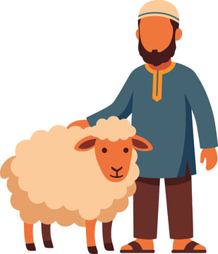 Flat Bearded Muslim Man Standing Beside Sacrificial Sheep for Eid al-Adha Vector Illustration   
