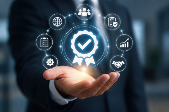Hand presenting glowing checkmark certification badge with business quality assurance icons representing approval trust compliance teamwork achievement successful strategy and certification concepts