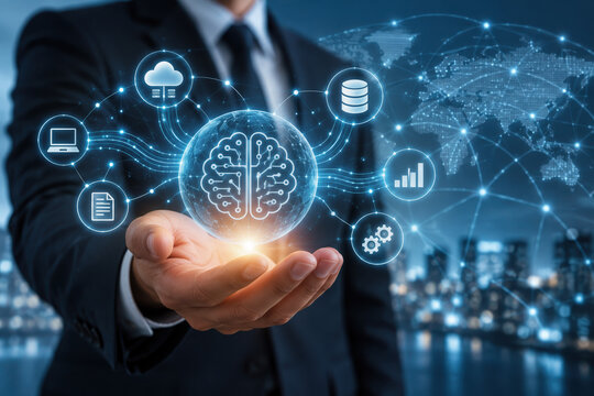 AI powered automated data processing system network integration concept with businessman holding AI icon abstract data analytics cloud database visualization for enterprise