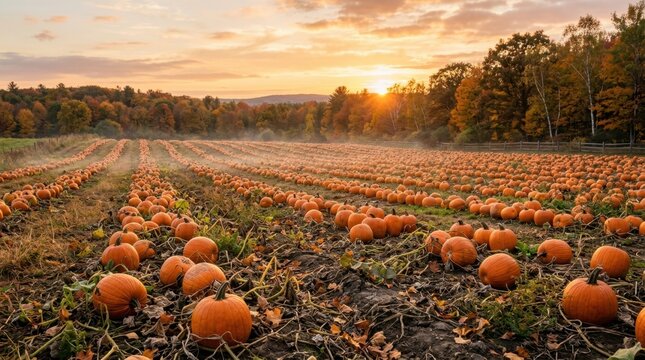 Vast Pumpkin Patch Field at Sunset with Autumn Trees and Golden Light.