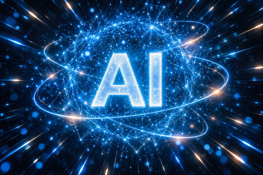 Glowing white AI letters centered in dense blue particle cloud with plexus lines orbiting light trails and streaking sparks futuristic technology concept for artificial intelligence visualization