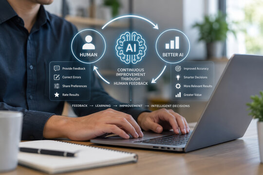 Human-AI feedback loop continuous improvement through human feedback business person using AI tool on laptop at home office machine learning intelligent decision making workflow