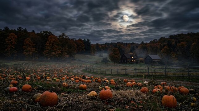 Spooky Halloween Pumpkin Patch Under a Full Moon with Foggy Atmosphere.