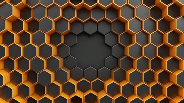 Hexagonal Grid Pattern with Orange and Black Cells, Abstract Geometric Background