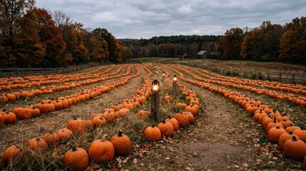 Fototapeta premium Vast Pumpkin Patch Rows Under Cloudy Autumn Sky.