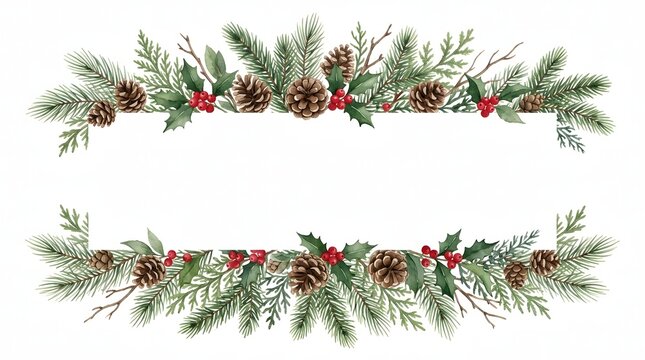 Festive christmas border with pine branches holly berries and winter foliage illustration