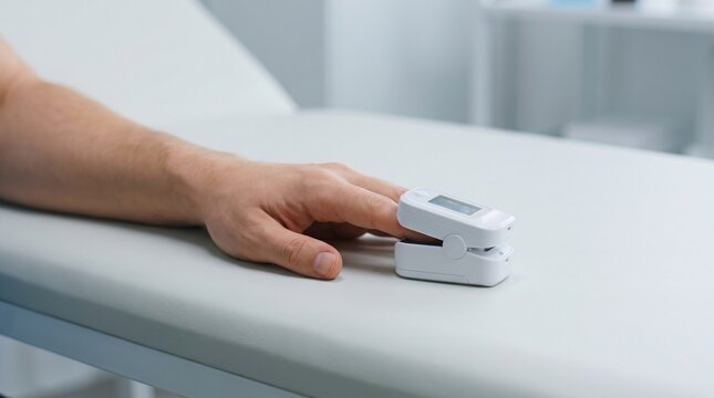 Close-up of a person's finger using a digital pulse oximeter to measure blood oxygen levels in a medical clinic