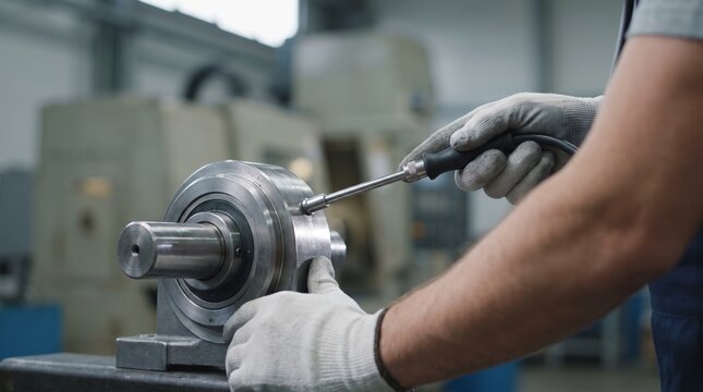 Professional technician performing precision maintenance on a heavy-duty metal mechanical component in an industrial factory setting