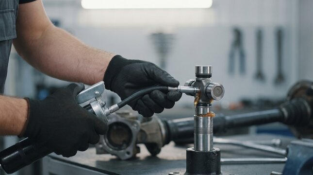 Professional auto mechanic wearing protective gloves repairing and testing automotive axle parts in a modern workshop