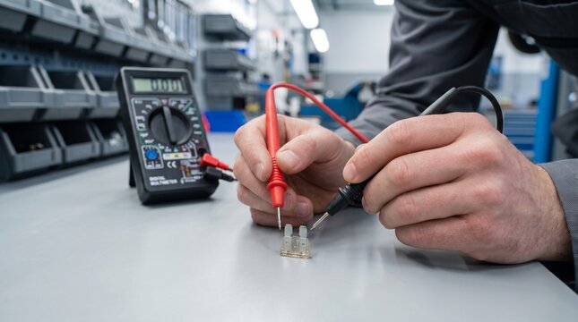 Technician using a digital multimeter to measure voltage and test electrical circuits on an industrial workbench