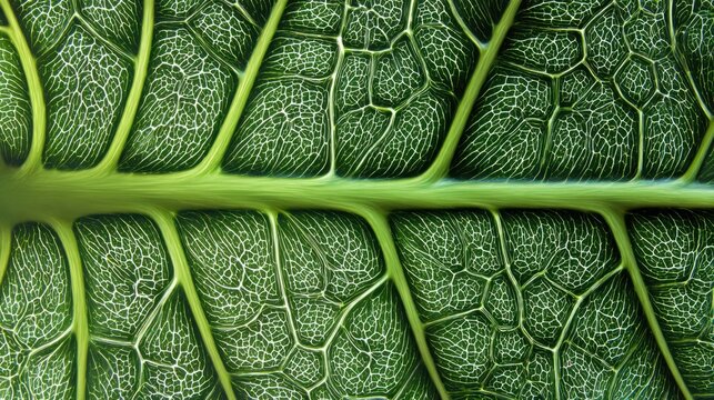 extreme macro crop of a tropical monstera leaf, intricate network of raised veins and microscopic leaf cells, deep emerald green surface with subtle