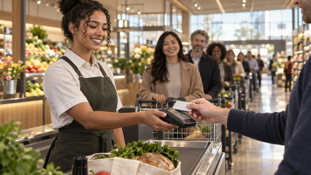A smiling cashier holds a payment terminal as a customer taps a card at a grocery store checkout, with shoppers waiting in line and fresh groceries in the foreground.
