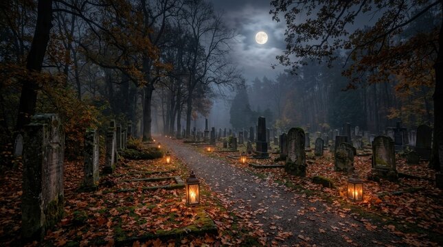 Spooky Cemetery Path Lined with Lanterns Under a Full Moon.