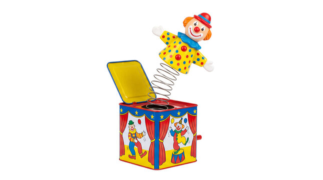 Vintage Jack in the Box Toy with Clown, Retro Tin Wind-Up Music Box, Classic Mechanical Toy for Children isolated PNG with Transparent Background
