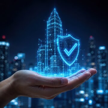 Digital Security Shield Over Futuristic Cityscape: A holographic shield with a checkmark overlay hovers above an open palm.