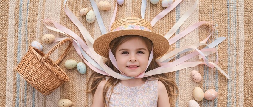 Young girl wearing Easter bonnet surrounded by pastel eggs