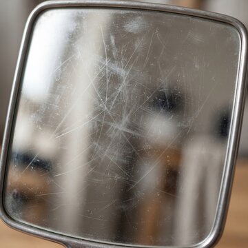 Scratched handheld mirror with damaged reflective surface