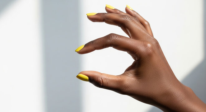 Hand making pinching gesture with yellow manicure