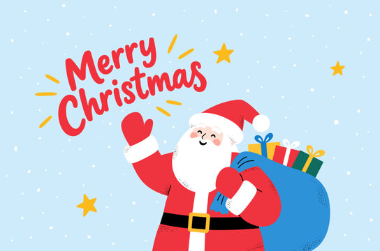 Cute Santa Claus, vector character waving hand with gift sack and Merry Christmas greeting text on snowy background. 