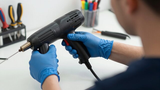 A technician wearing blue gloves uses a heat gun to repair an electrical cable in a well-lit workshop with tools and markers nearby.