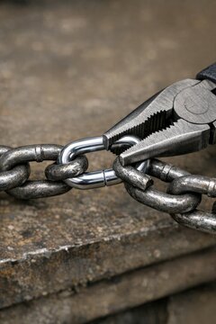 A pair of pliers attached to a chain, useful for industrial or construction scene