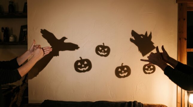 Hands creating shadow puppets of a bird and a dog with pumpkins on the wall for Halloween.