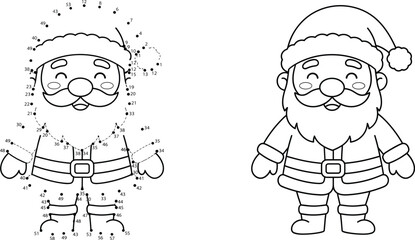 Obraz premium Christmas Santa Claus dot to dot puzzle game and coloring page outline vector worksheet for kids education