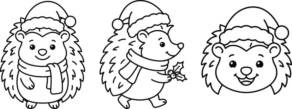 Christmas hedgehog line art vector icon set wearing Santa hat and winter scarf isolated on white background