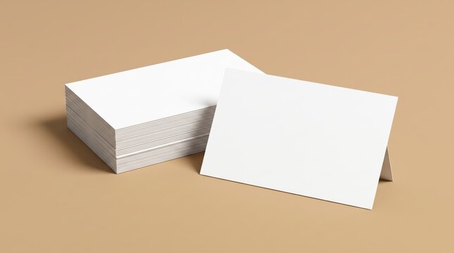 Blank white business card mockup stack on beige background for branding presentation