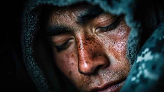 Close-up of exhausted person in warm hooded jacket seeking solace sleep