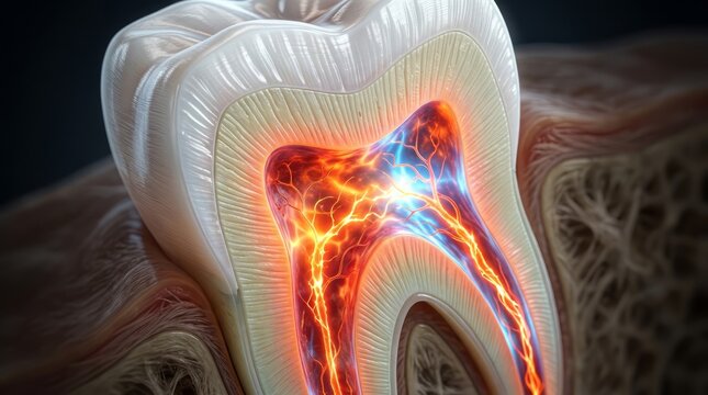 Detailed tooth anatomy close up showing damaged cavity inflamed nerve roots and intense pain glow for dentistry education oral health treatment endodontic infection dental clinic illustration image