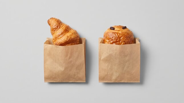 Fresh croissant and pastry in brown kraft paper bags takeaway mockup on grey background